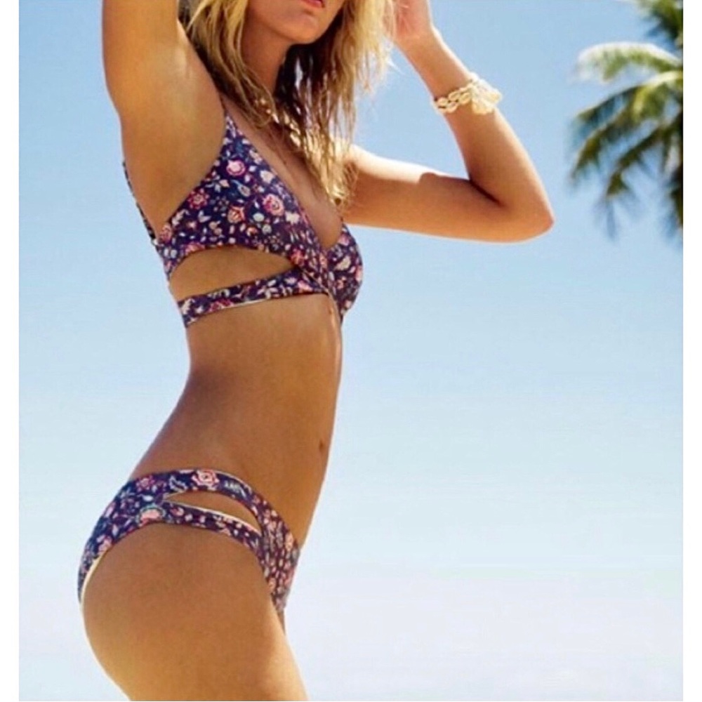L*SPACE Estella Liberty Bikini Bottom Full Cut Blue Floral